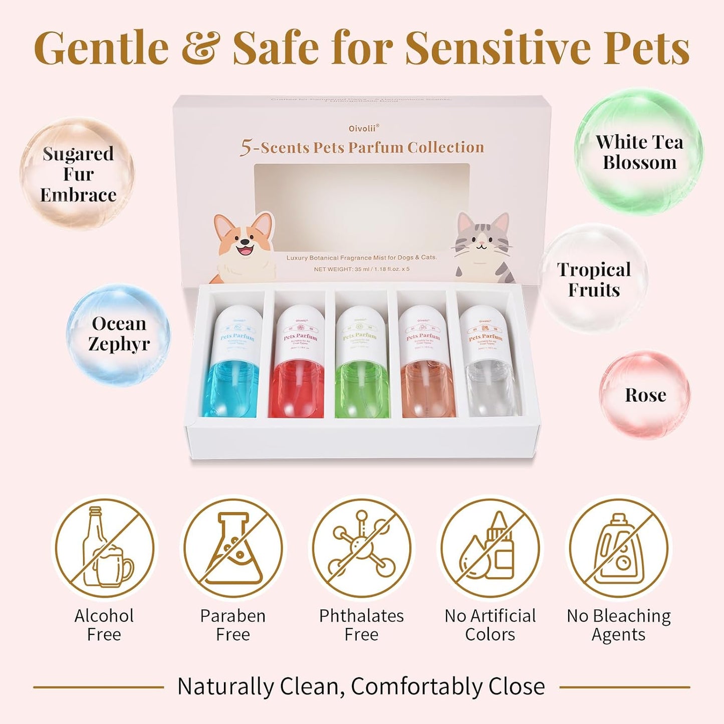 Natural hypoallergenic cat and dog perfume assortment for premium pet care