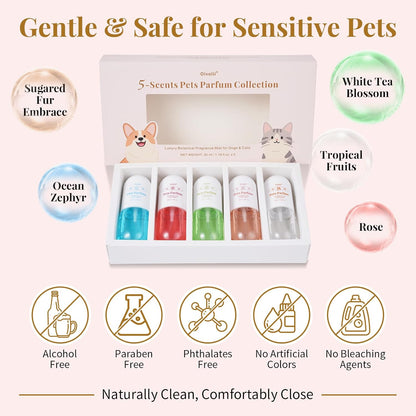 Natural hypoallergenic cat and dog perfume assortment for premium pet care