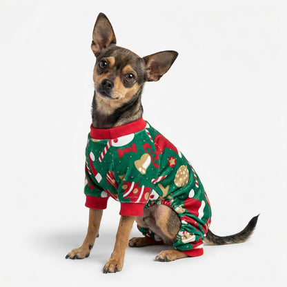 Side view of dog wearing lightweight velvet festive winter clothes