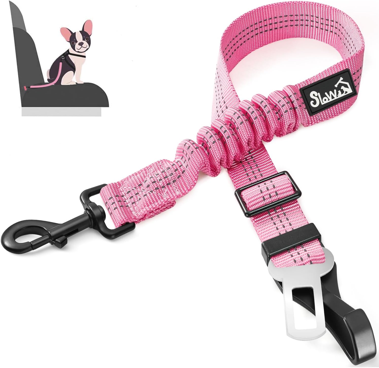 SlowTon dog seat belt pink front view
