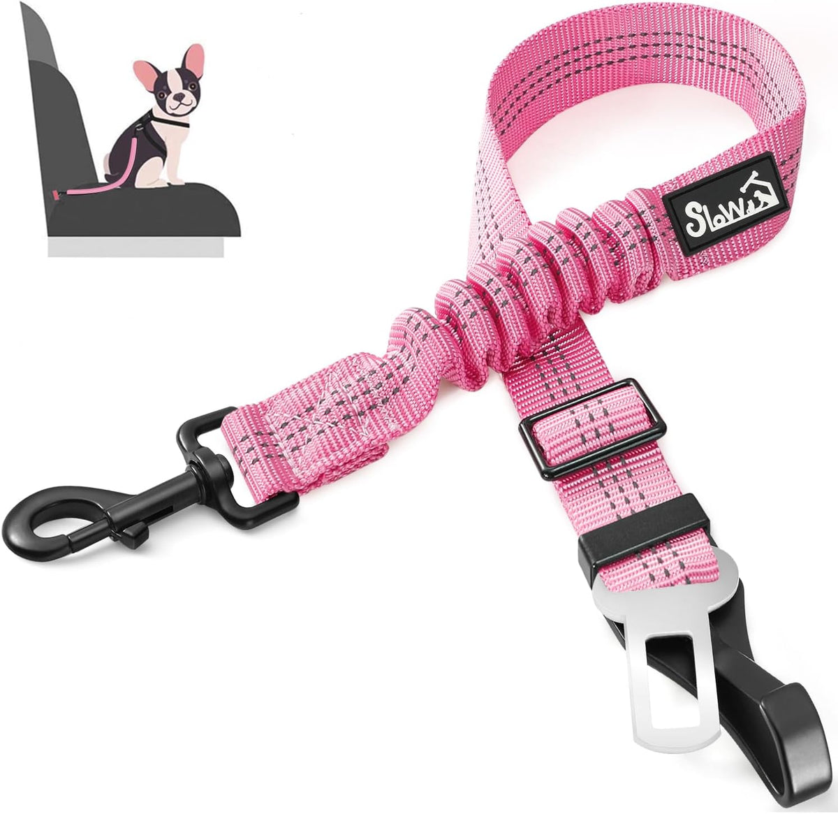 SlowTon dog seat belt pink front view