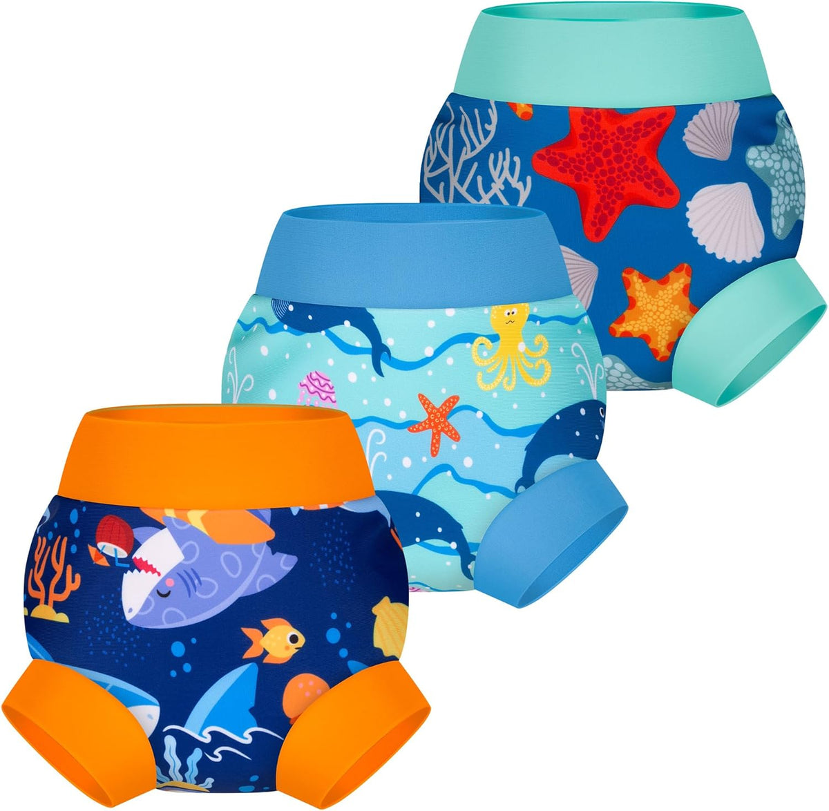 Big Elephant baby swim diapers front view showing ocean print