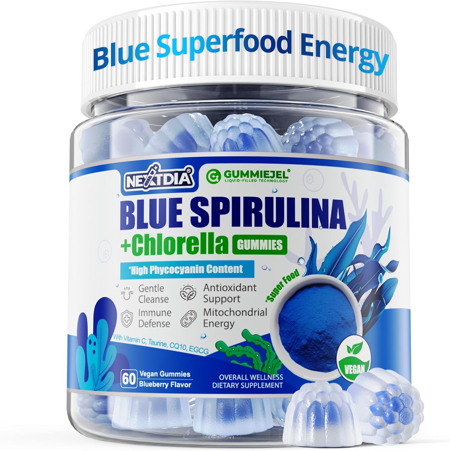 Nextdia Organic Blue Spirulina Gummies front view jar for cellular energy