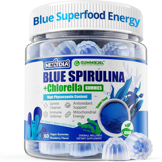 Nextdia Organic Blue Spirulina Gummies front view jar for cellular energy
