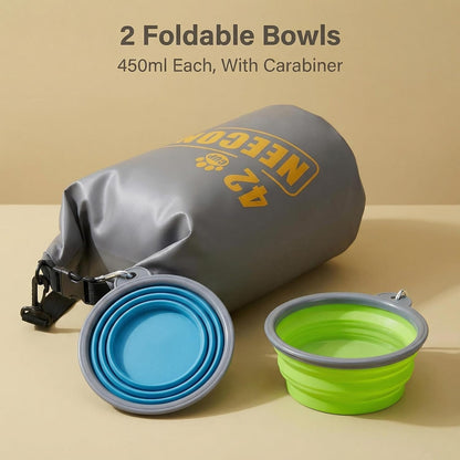 NEECONG pet food storage system with included collapsible silicone travel feeding bowls expanded