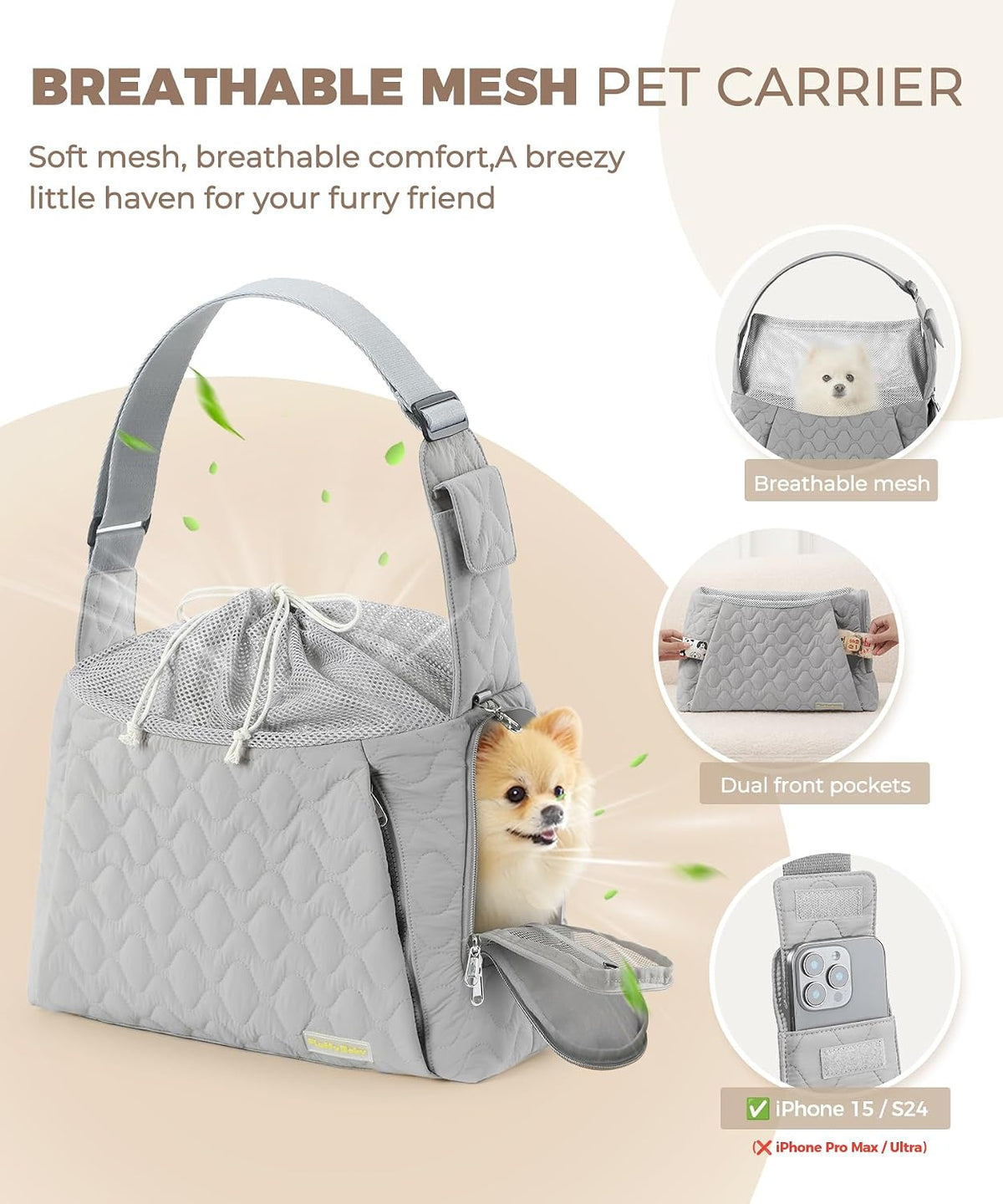 Pet inside JourCraf sling demonstrating the breathable mesh windows
