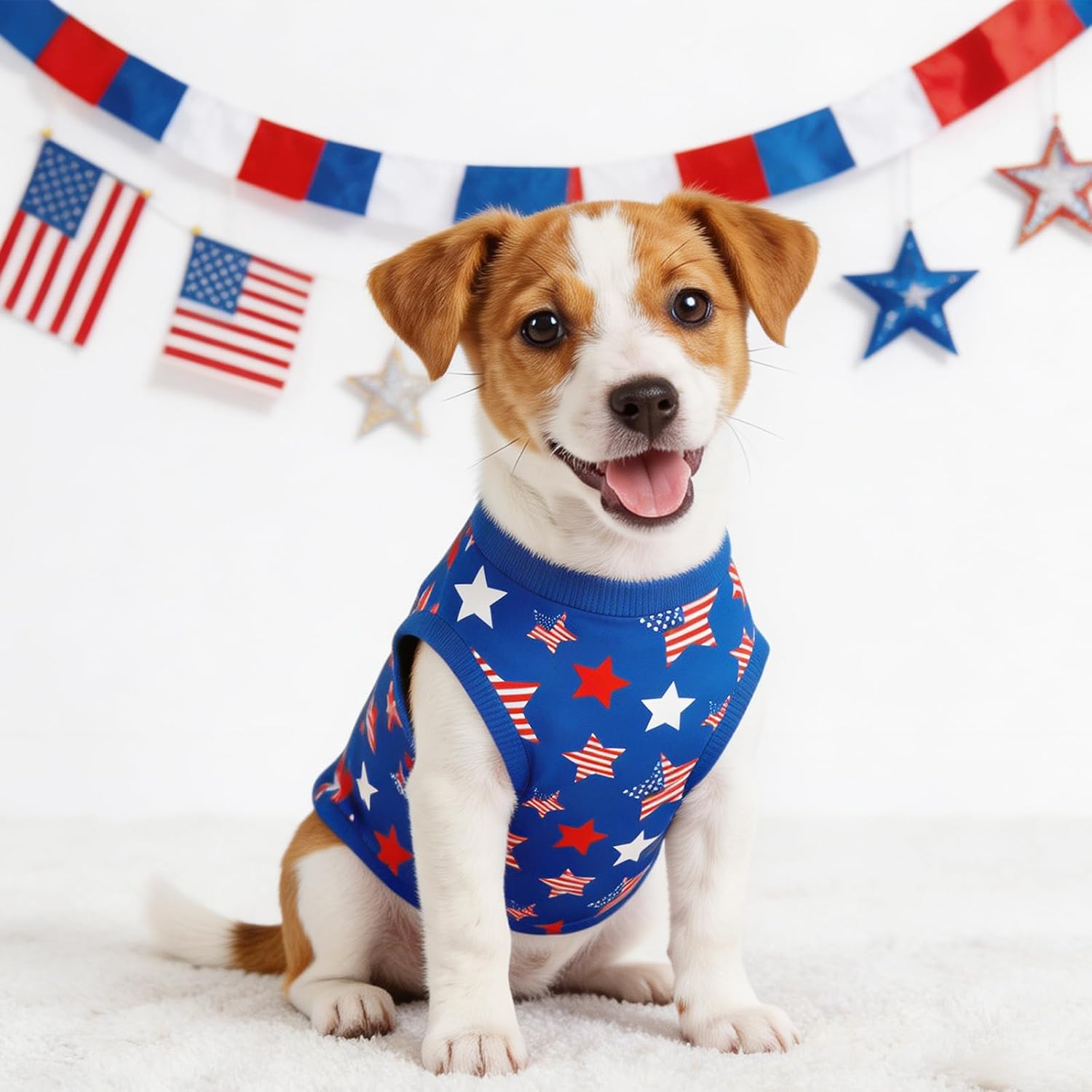 Medium dog enjoying daily wear in comfortable patriotic dog clothes