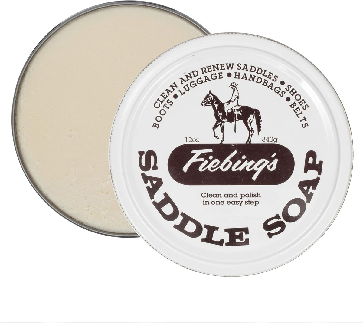Fiebing's White Saddle Soap front view of the 12 ounce tin container