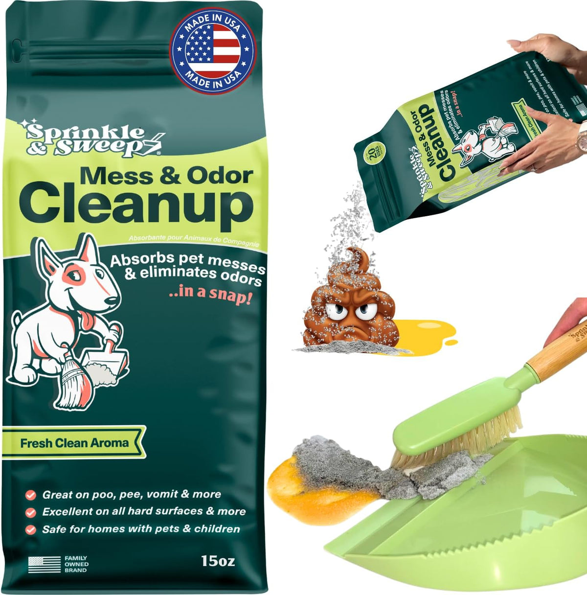 Sprinkle & Sweep pet mess clumping powder fifteen ounce bag front view for pet accident cleanup