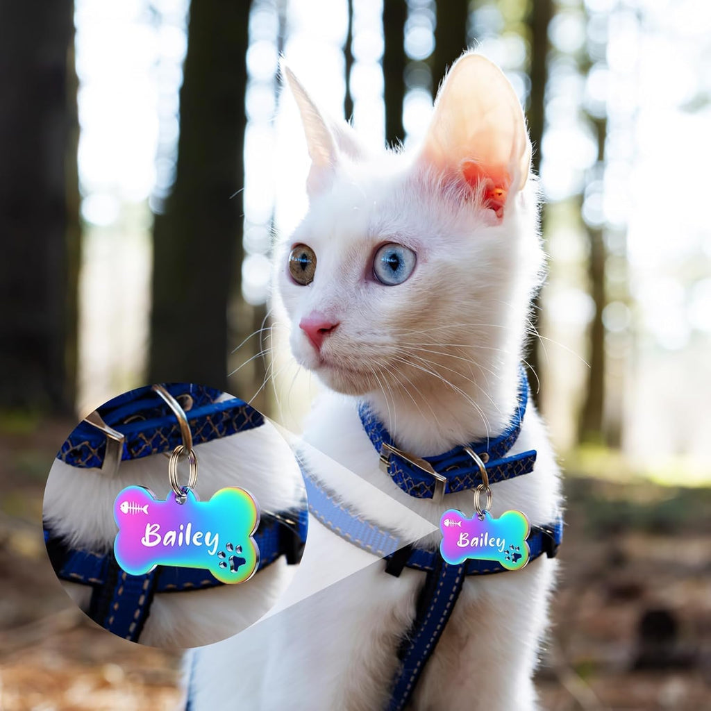 YEHANTI engraved cat and dog identification tags highlighting the rust resistant polished steel finish.