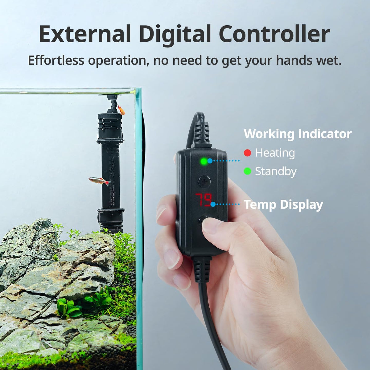 Submersible aquarium heater with external display