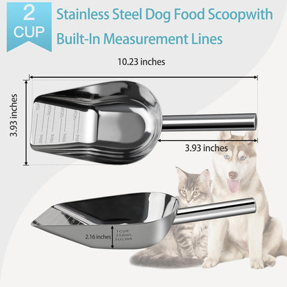 Stainless steel pet food scoop showing measurement scale