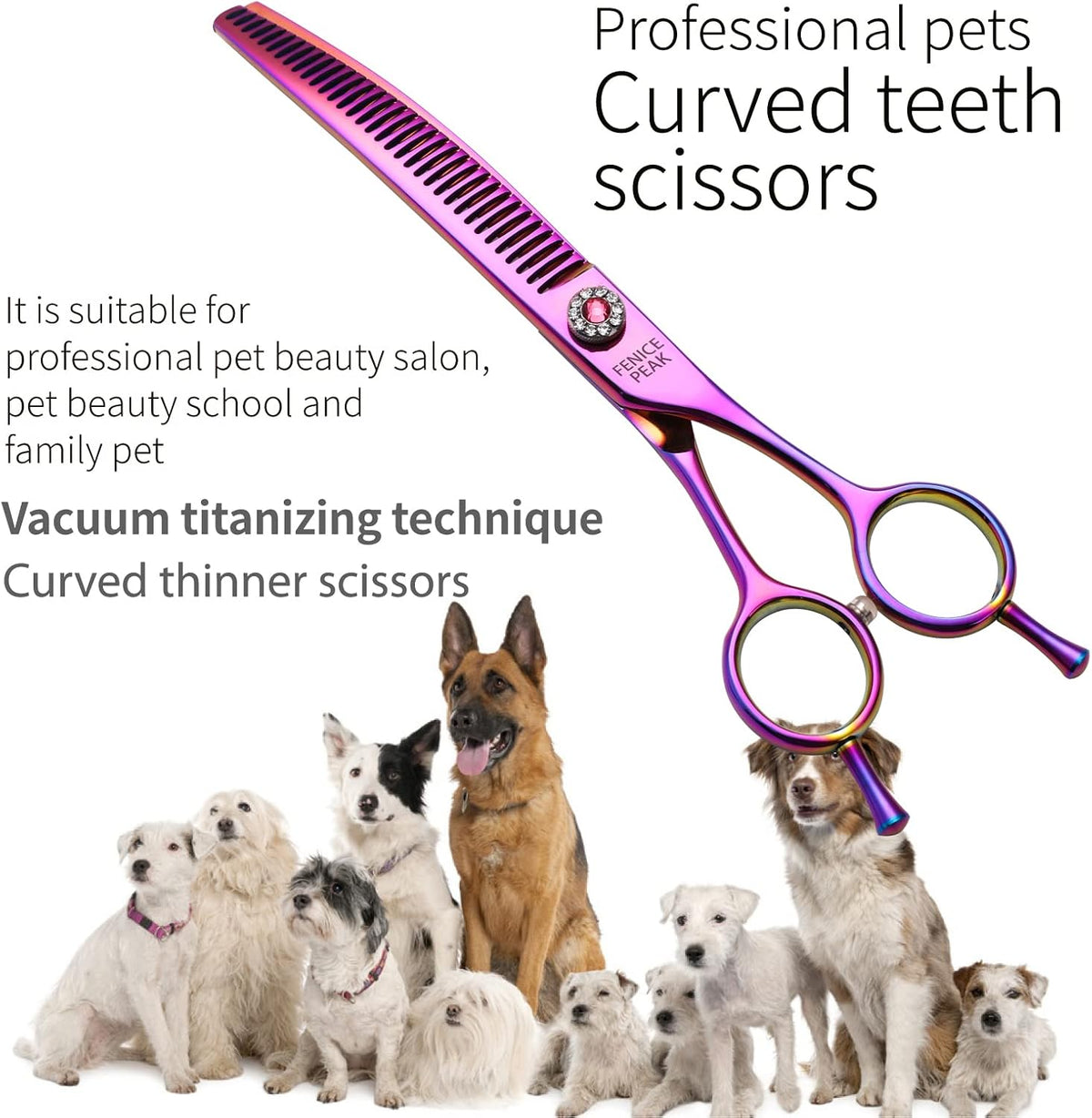 Fenice Peak curved pet chunker shears close up of sixty six teeth.
