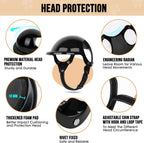 Small dog wearing SlowTon black motorcycle helmet