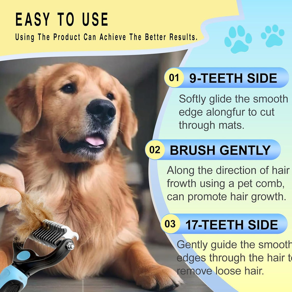 Double sided undercoat rake displaying the nine teeth side for dematting dog fur