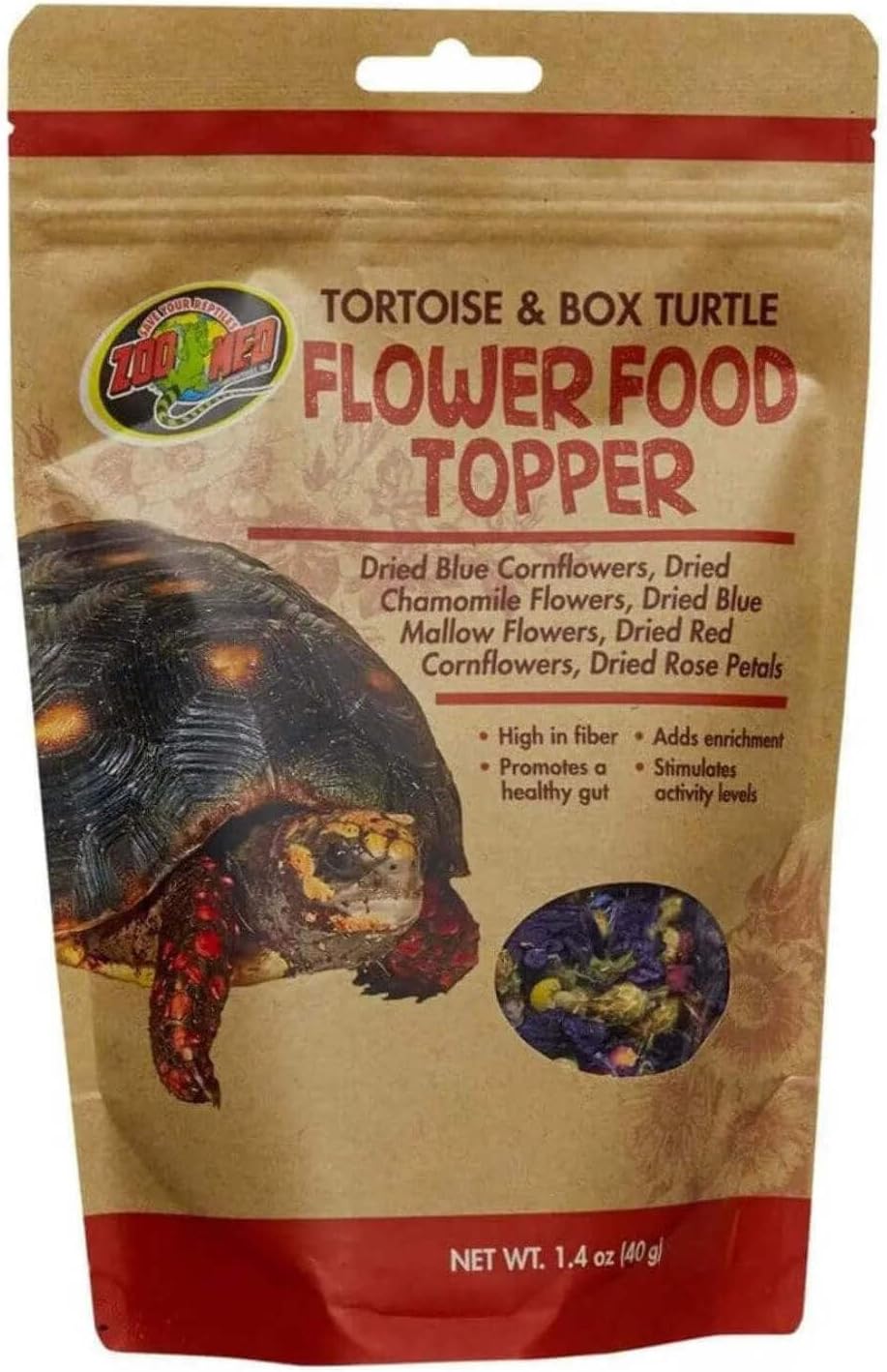 Zoo Med Tortoise And Box Turtle Flower Food Topper 1.4 Ounce pack front view reptile diet supplement