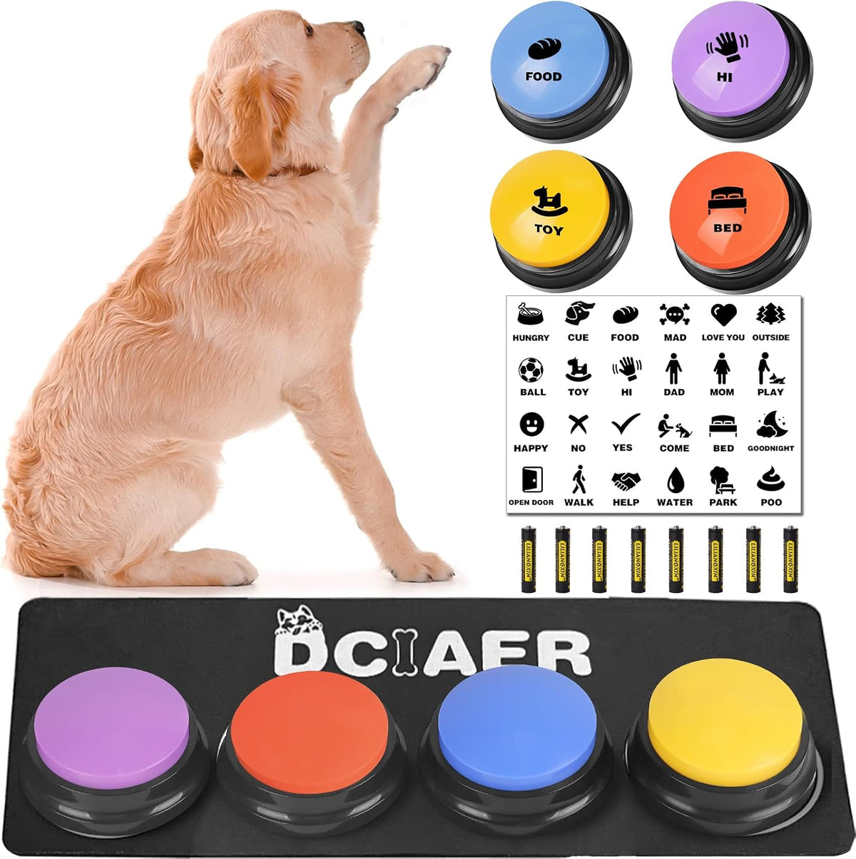 A side angle view showing the paw friendly design of the speech teaching buzzers.