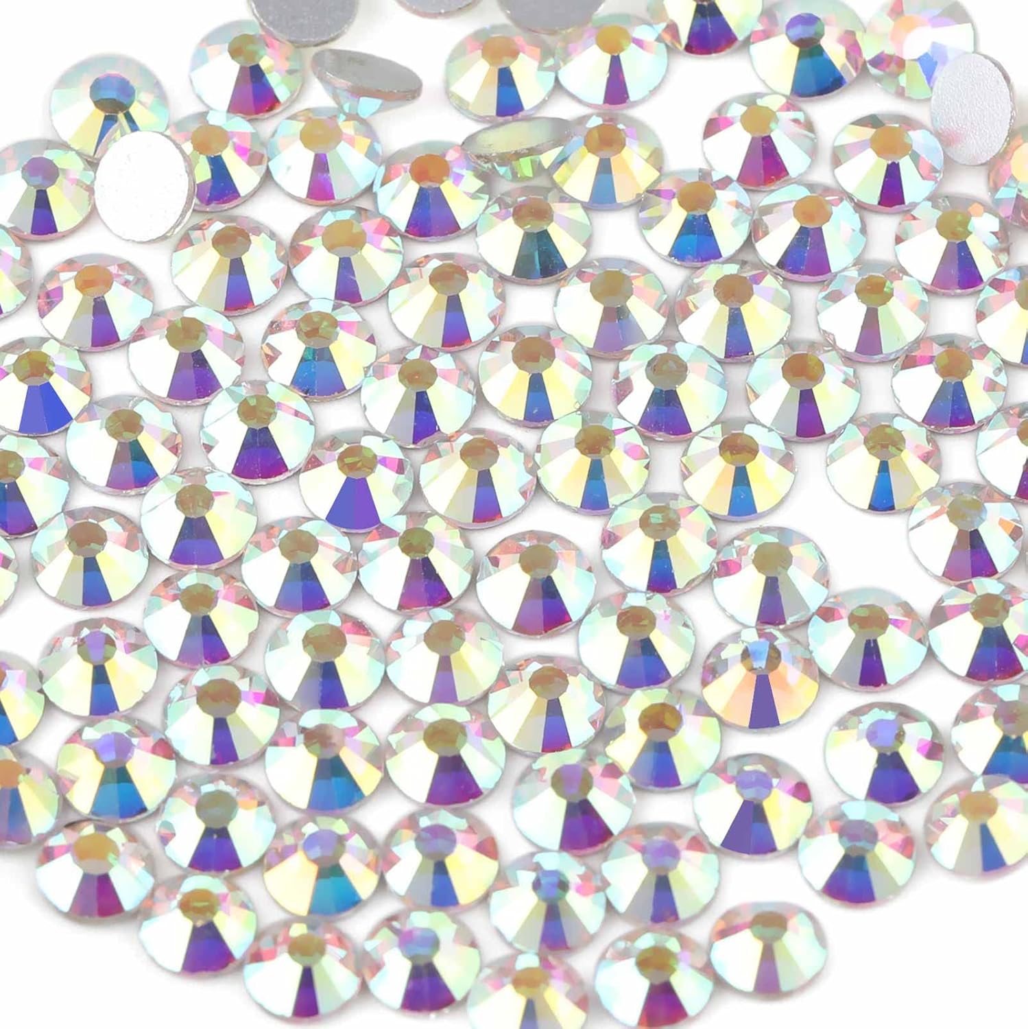 Beadsland Crystal AB rhinestones front view showing flat back and round shape