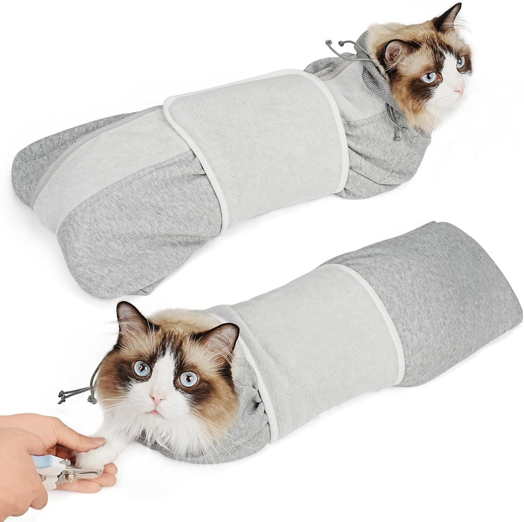 Supet cat grooming wrap in grey small size front view for safe nail trimming.
