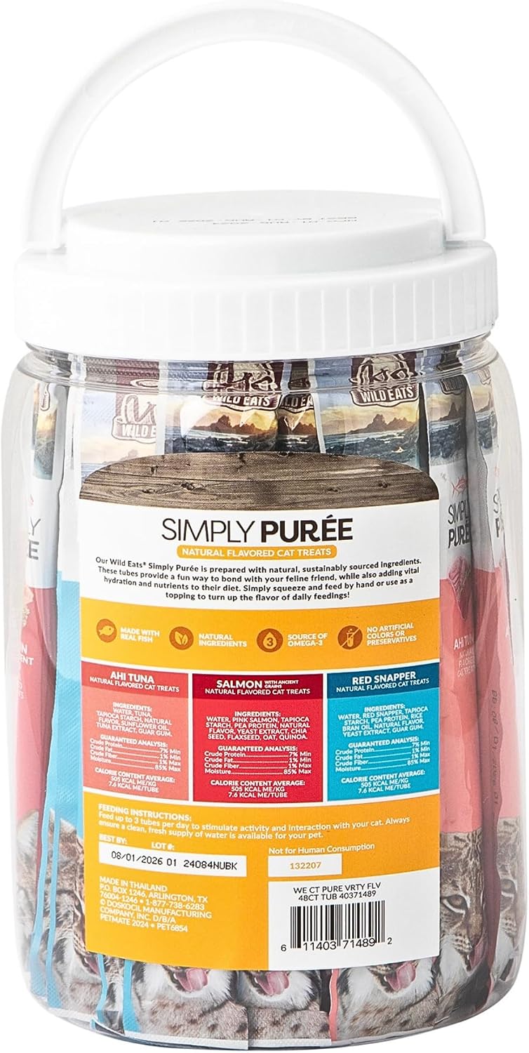 Wild Eats cat treat pouches displayed outside the tub