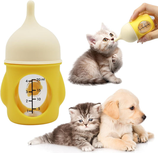 Lenpestia pet feeder bottle front view showing yellow silicone body and measurement markings.