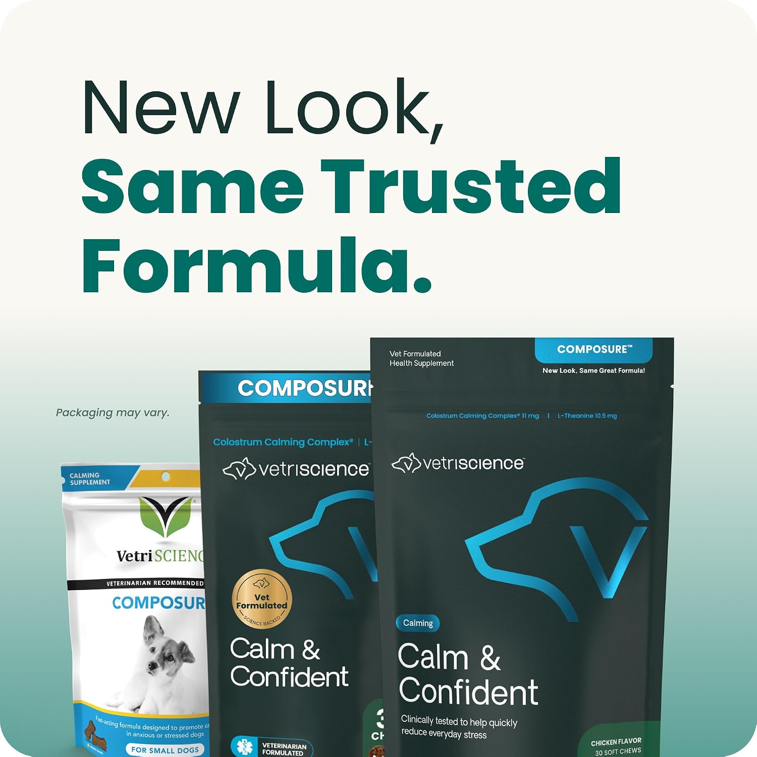 VetriScience Calm and Confident dog supplement side label with weight dosage instructions