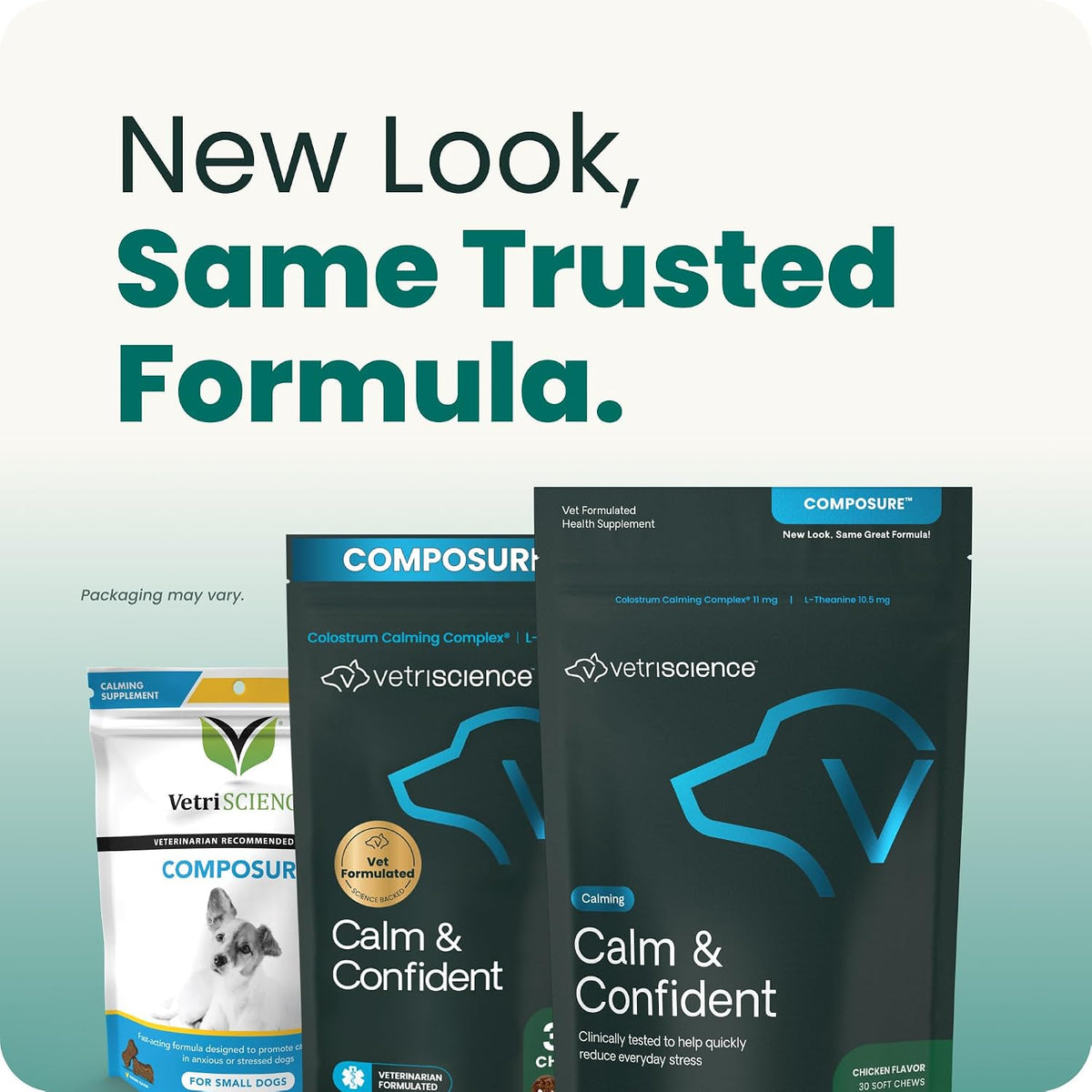 VetriScience Calm and Confident dog supplement side label with weight dosage instructions