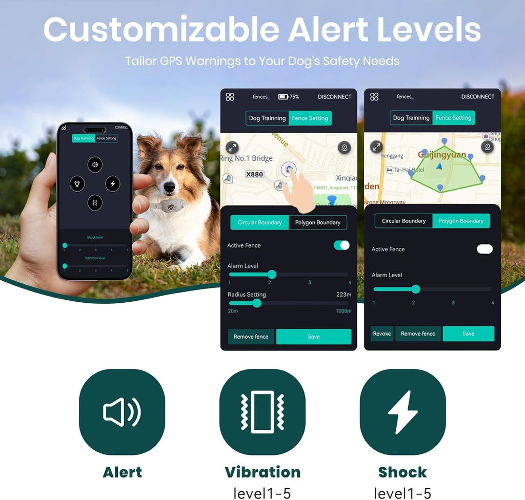 PetSafe wireless training collar app interface mapping custom geo fence boundaries on smartphone screen