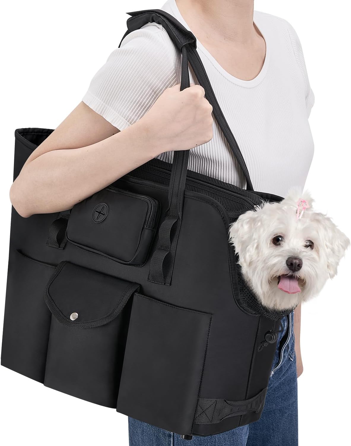 SlowTon Dog Purse Carrier - Portable Dog Carrier with Pockets & Safety Leash for Small Dogs Under 12 lbs, Breathable Pet Tote Bag for Cat Rabbit Outing, Travel, Vet (Black) - Image 9