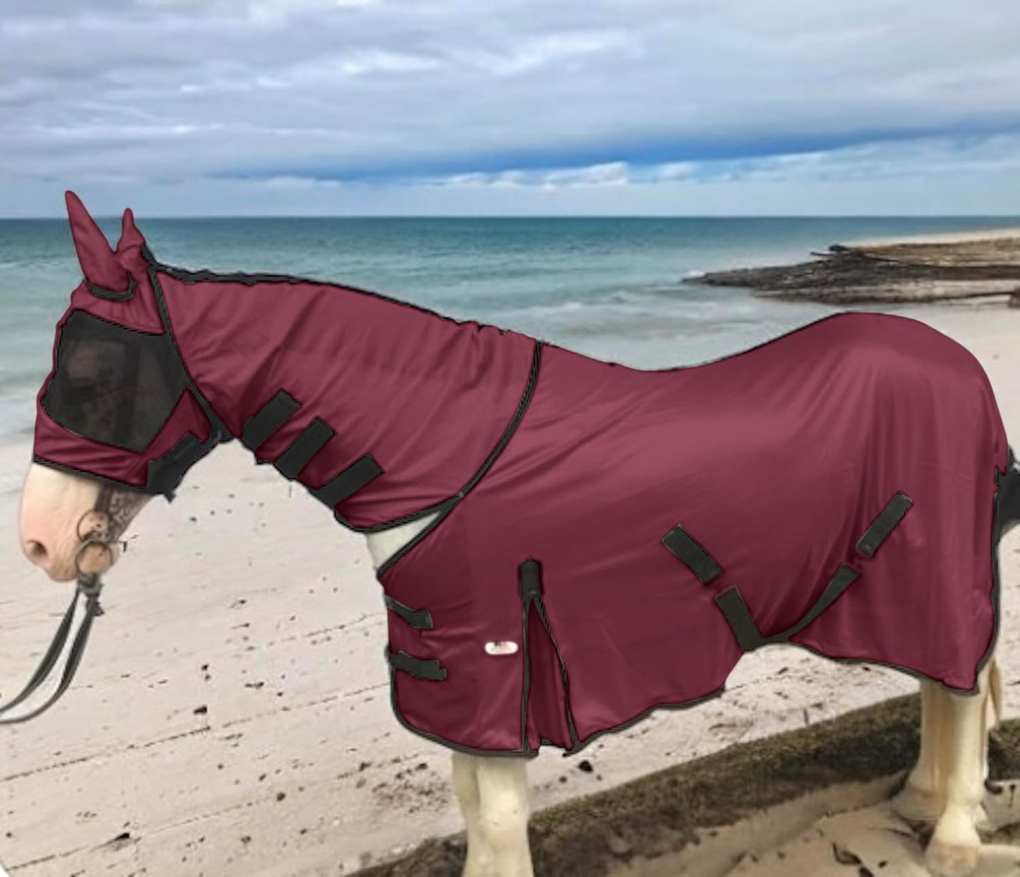 Majestic Ally equine fly sheet set showcasing the detachable neck cover alignment on a horse profile