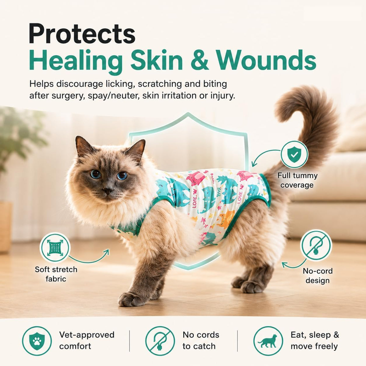 Close up of breathable fabric on cat recovery suit