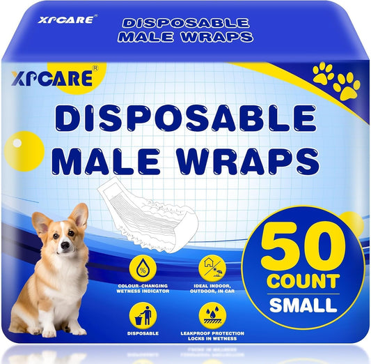 XPCARE Disposable Male Dog Diapers front packaging view showing the fifty count small size wraps.