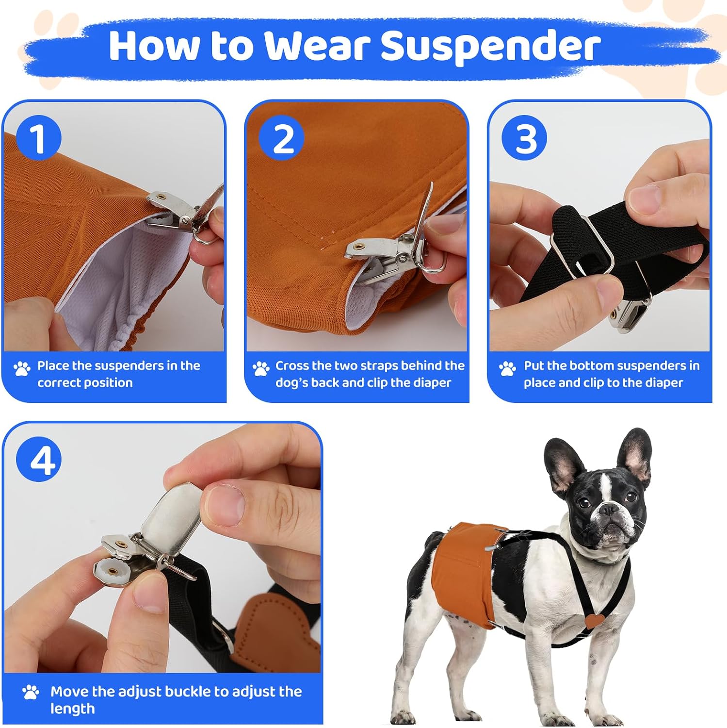 Thick elastic dog garment suspenders back view showing secure fit placement