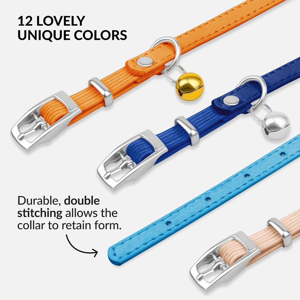 Adjustable genuine leather collar for adult cats and kittens showing precise hand stitching