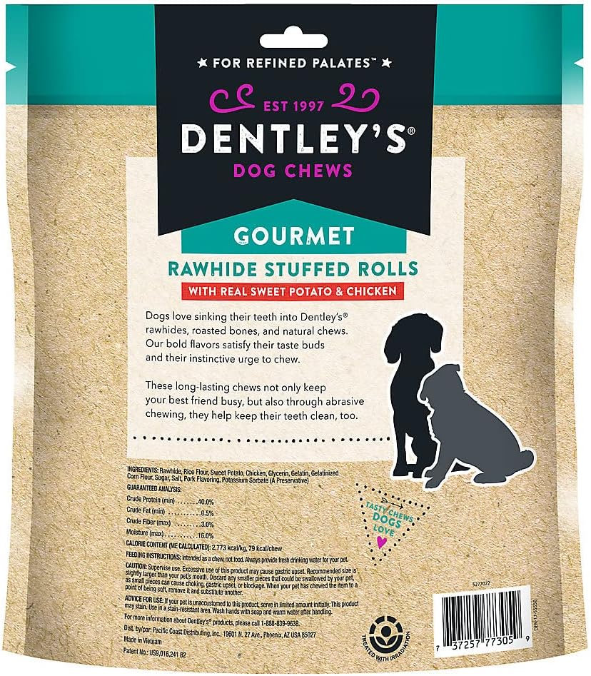 QueenMew sweet potato and chicken flavor stuffed rawhide rolls for small and medium dogs.