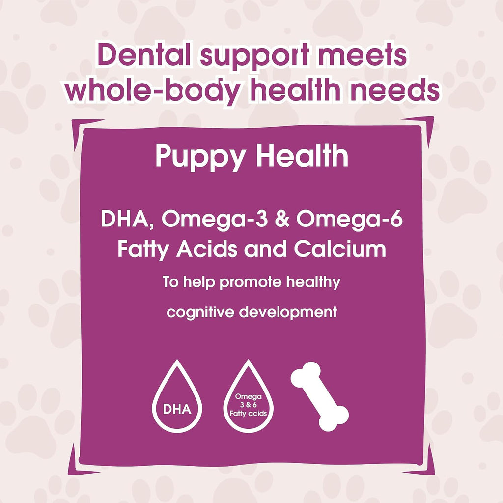 Get Naked puppy health functional chew sticks with DHA and calcium for strong teeth.