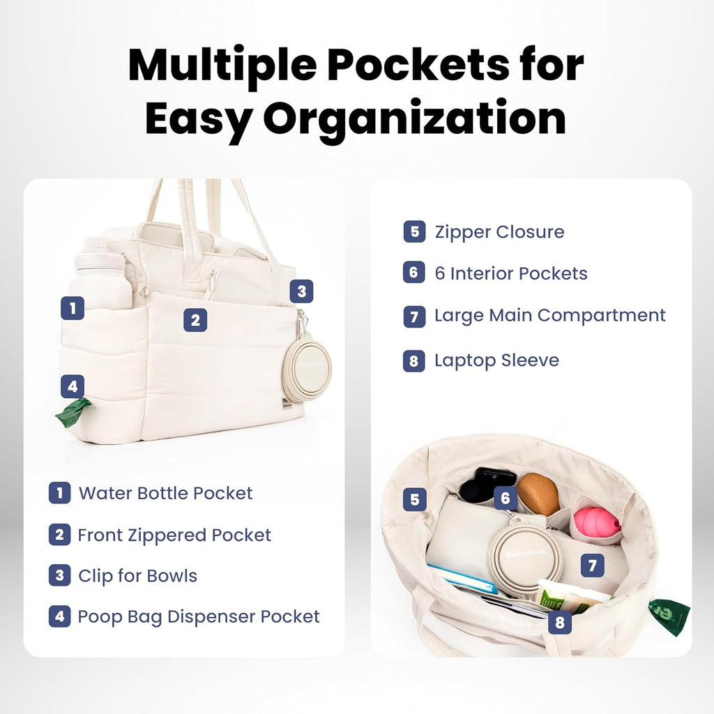 Rubyloo quilted dog mom bag beige with built-in poop bag dispenser pocket