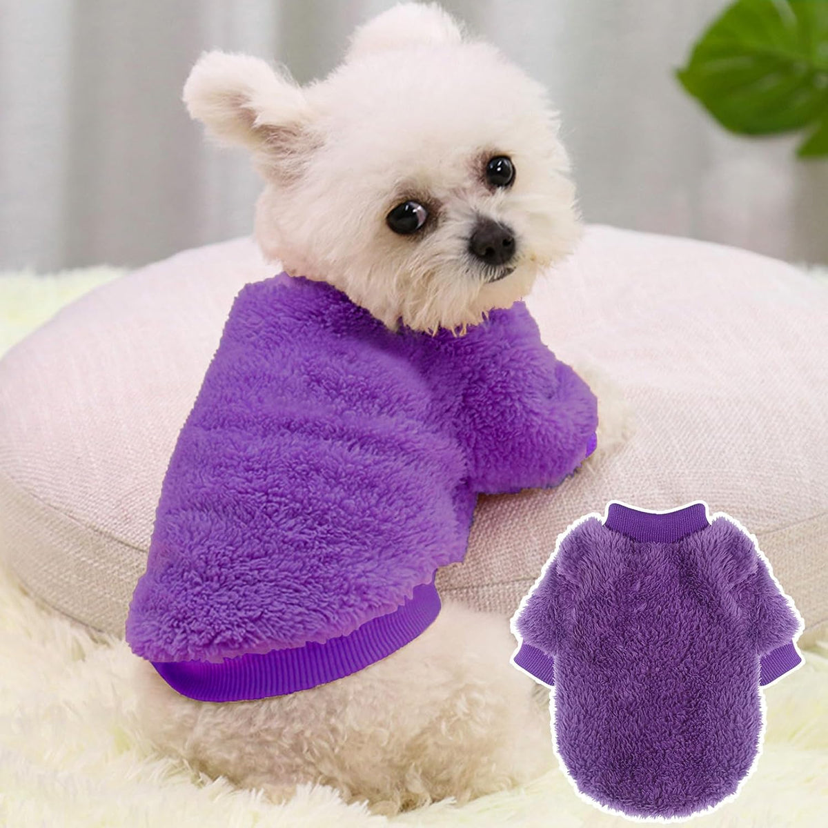 Two pieces of extra extra small pet sweaters laid flat showcasing the vibrant rose and purple colors.