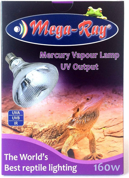 Mega-Ray Mercury Vapor UV Light Bulb front view showing the 160W self-ballasted reptile lamp.