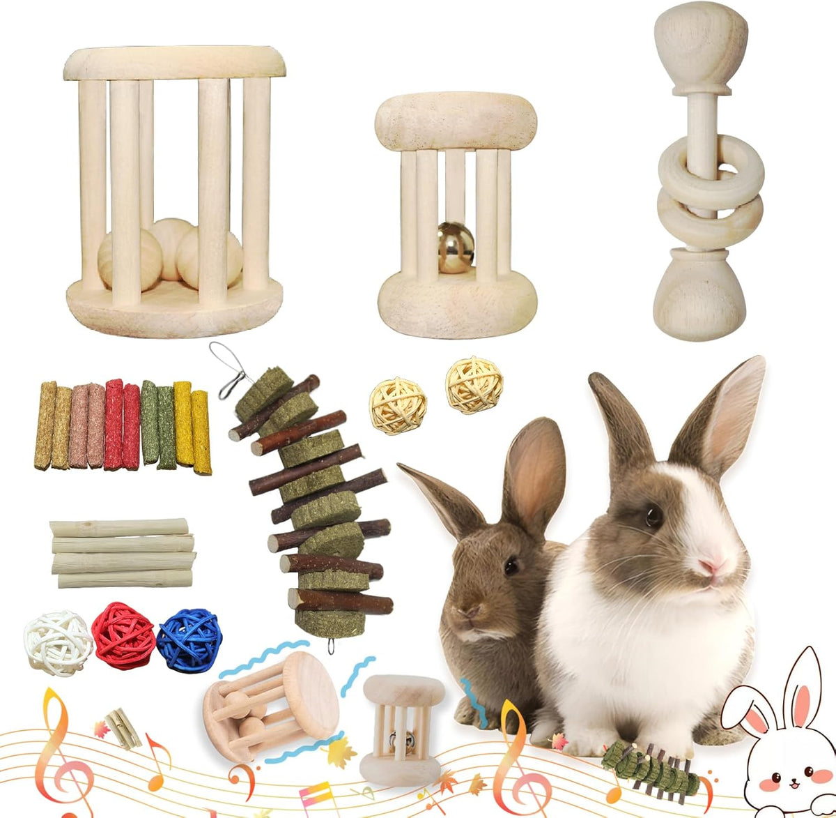 QWR 9PCS Wooden Bunny Toys,Safe Rabbit & Guinea Pigs Teeth Grinding Toy for Chinchillas, Hamsters & Small Animals - Indoor & Outdoor - Image 10