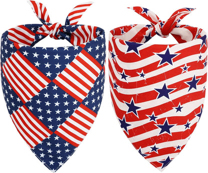 Vivifying 4th of July dog bandana front view featuring American flag print on a golden retriever