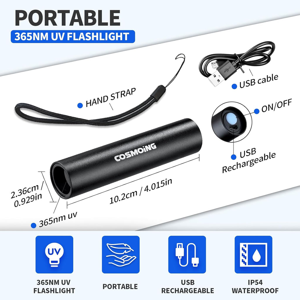 Darkbeam ultraviolet rechargeable black light detecting hidden pet stains on living room carpet.