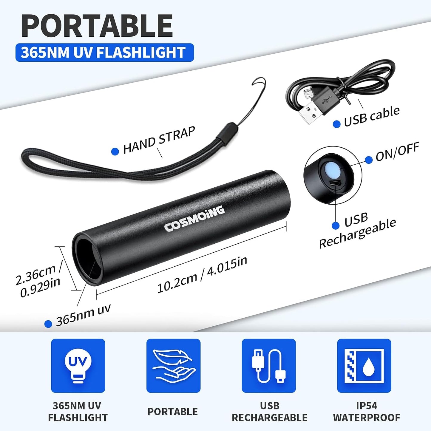 Darkbeam ultraviolet rechargeable black light detecting hidden pet stains on living room carpet.