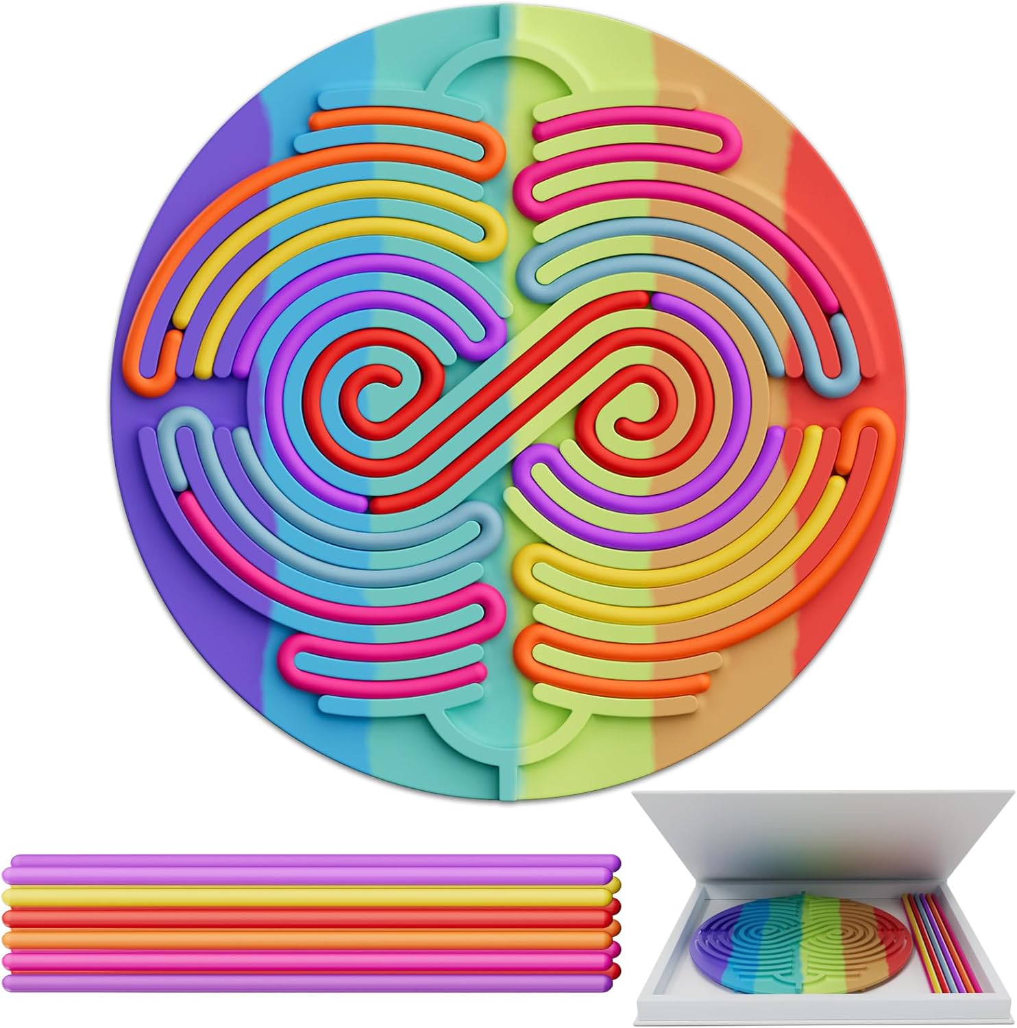 Spkwis sensory activity board front view showcasing the rainbow colored silicone infinity maze design.