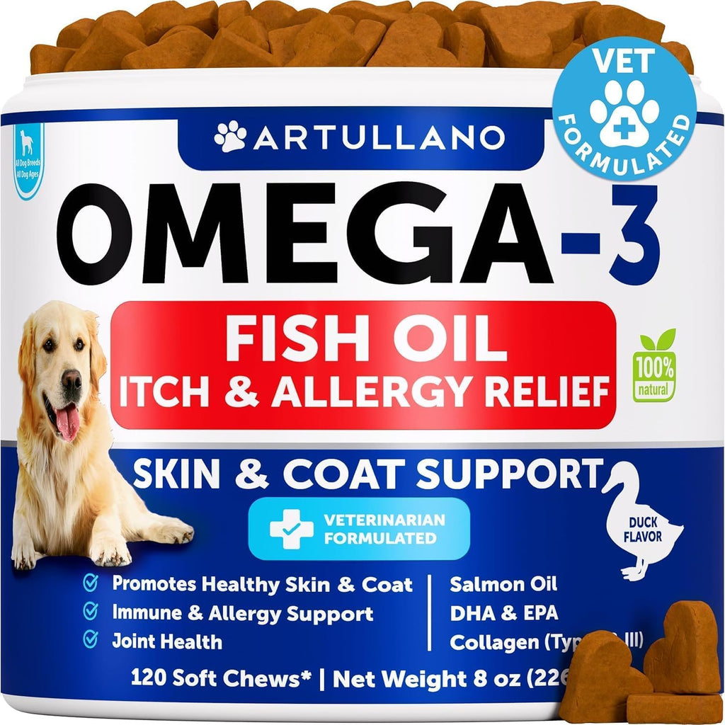 Nature Target Omega 3 Fish Oil for Dogs front view container showcasing 120 allergy chews.