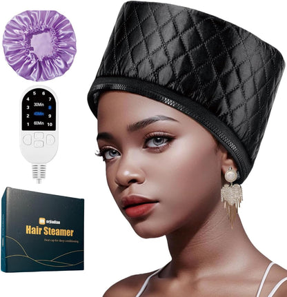 Orjiadian heat cap for deep conditioning front view showing black lamination fabric and digital controller cord.
