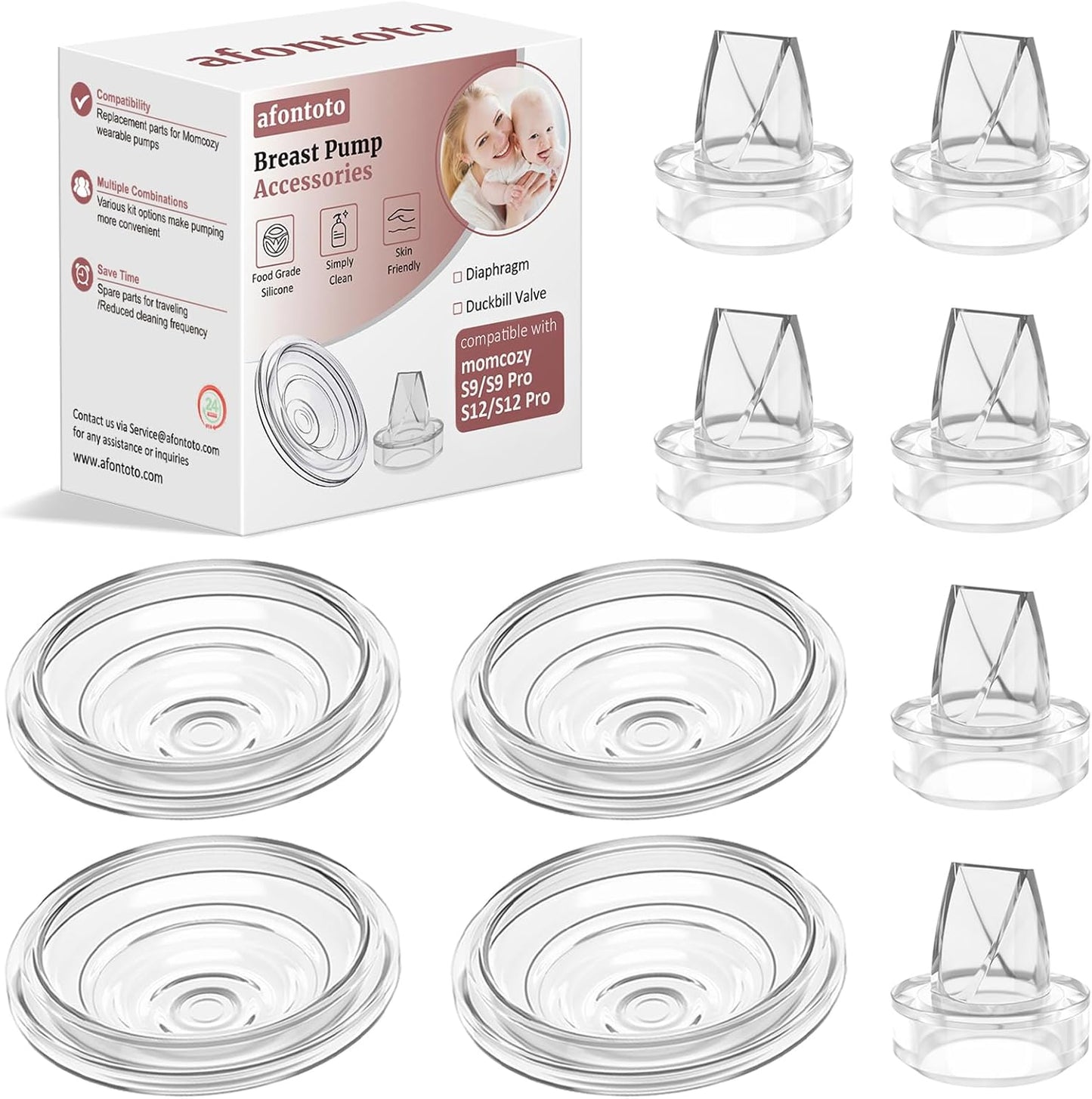 Momcozy replacement parts kit including duckbill valves and diaphragms front view