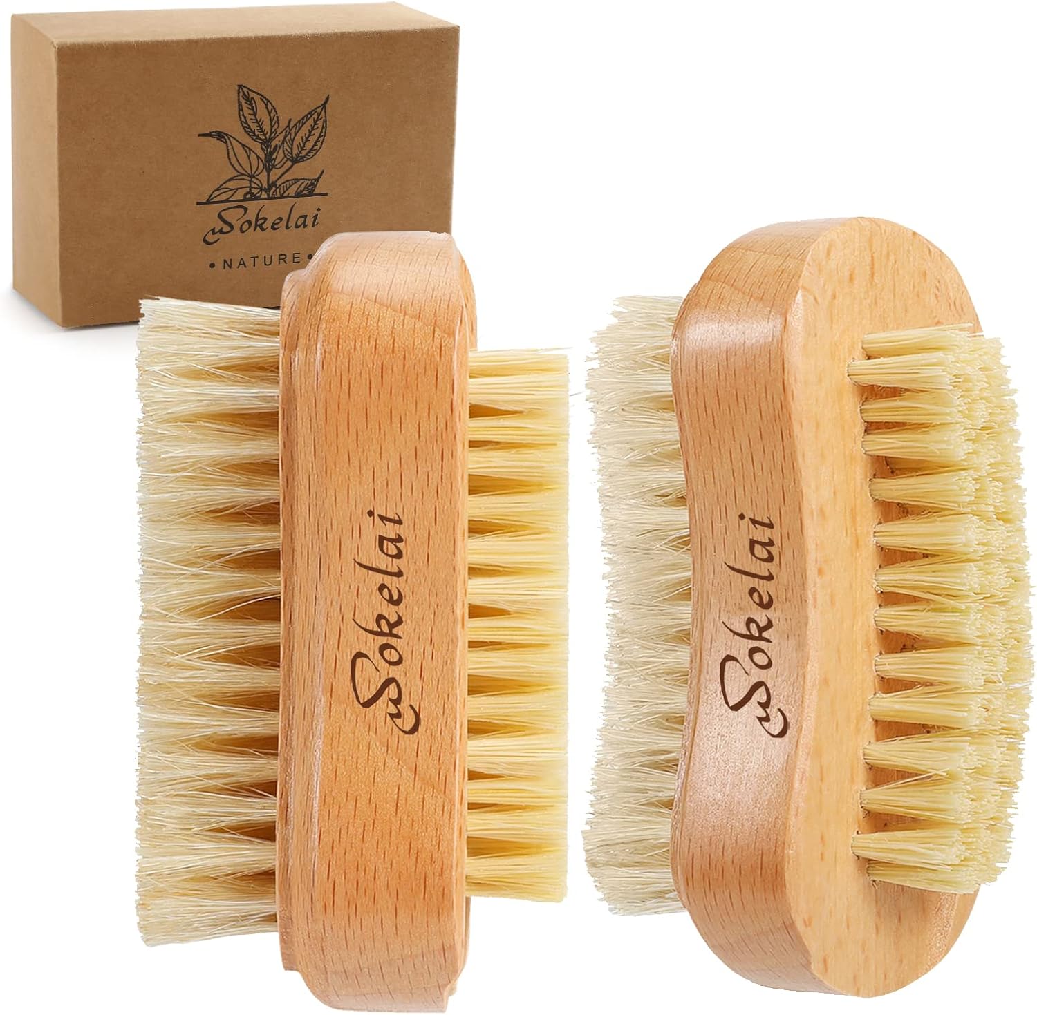 Wokelai wooden nail brush front view showing dual sided natural bristles.