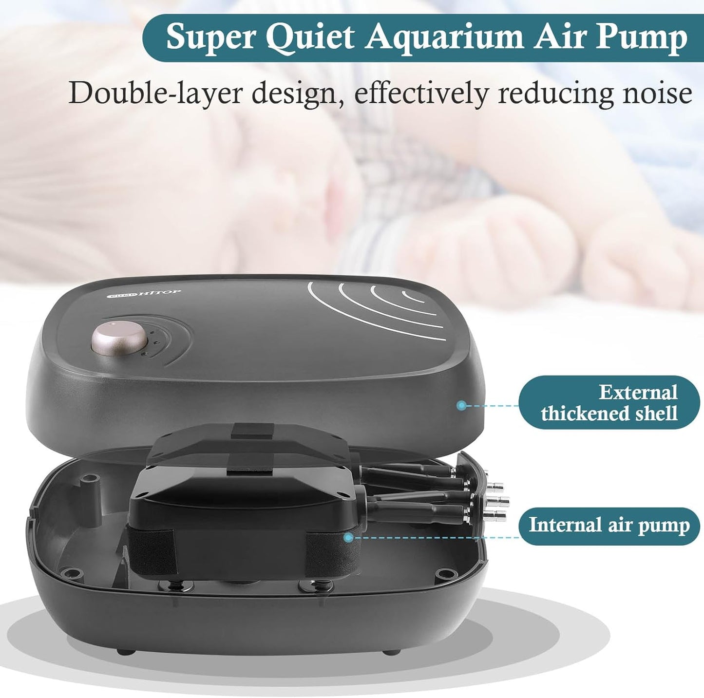 Close up of Hitop aquarium air pump metal outlets and air tubing