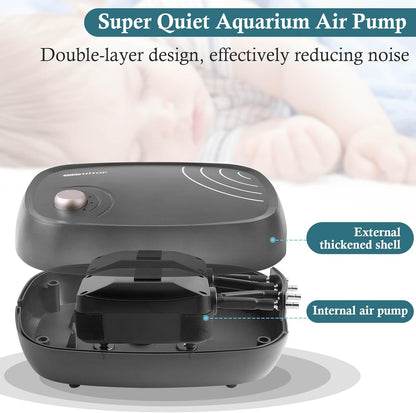 Close up of Hitop aquarium air pump metal outlets and air tubing